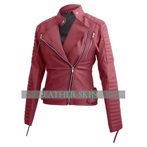 Pink Women Faux Leather Jacket Denim Fabric Leather Fabric Suede Fabric