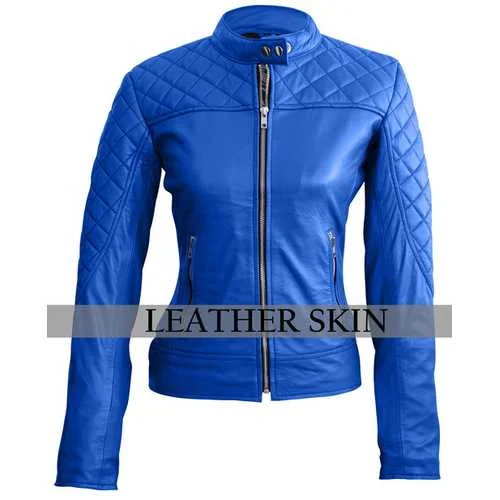 Women Blue Leather Jacket Jacket Blazer Coat