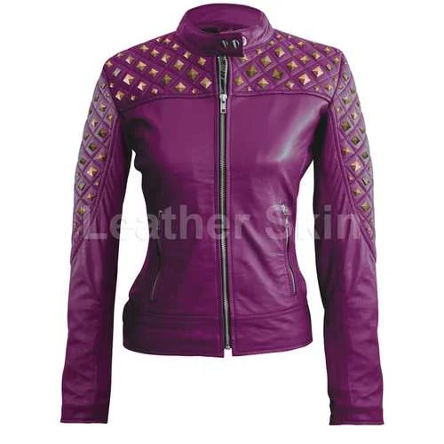 Women Purple Leather Jacket Fleece Jacket Down Jacket Feather Jacket