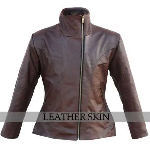 Brown Women Leather Jacket Tiered Jacket Buttoned Jacket Zippered Jacket