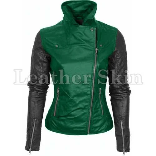 Women Green Leather Jacket Notch Collar Peter Pan Collar Cowl Neck