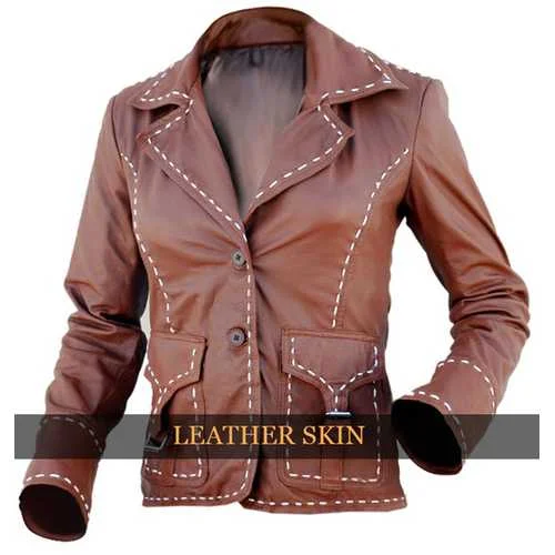 Brown Women Leather Jacket Denim Fabric Leather Fabric Suede Fabric