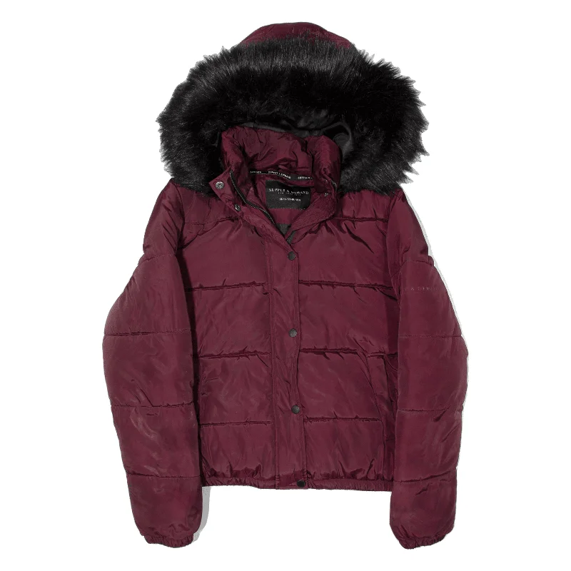 SUPPLY & DEMAND Puffer Parka Jacket Maroon Womens UK 12 Faux Fur Fabric Real Fur Fabric Shearling Fabric