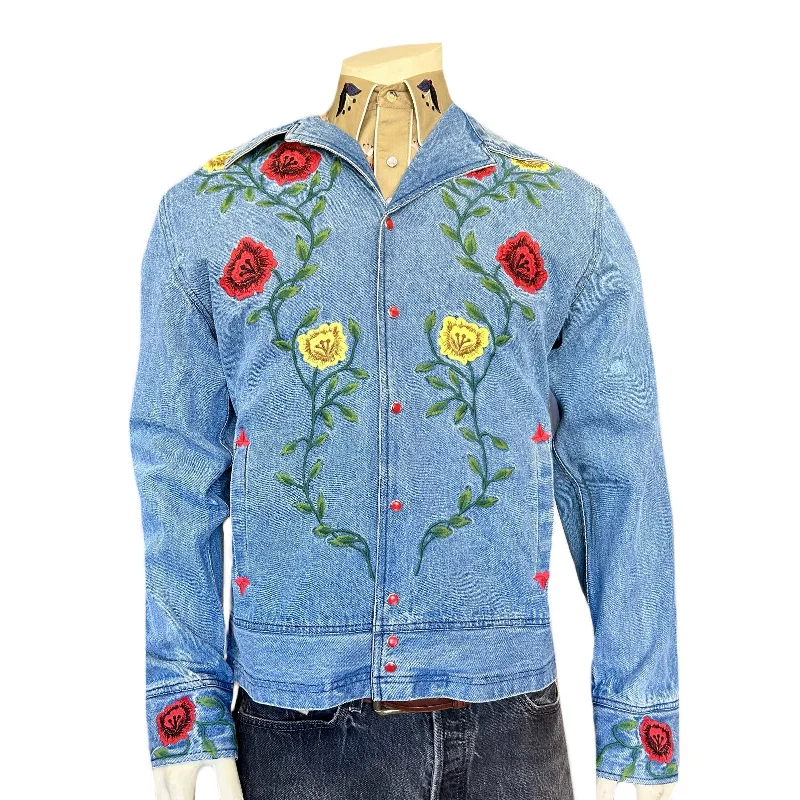 Unisex Vintage Western Denim Bolero Jacket with Floral Embroidery Fleece Jacket Down Jacket Parka