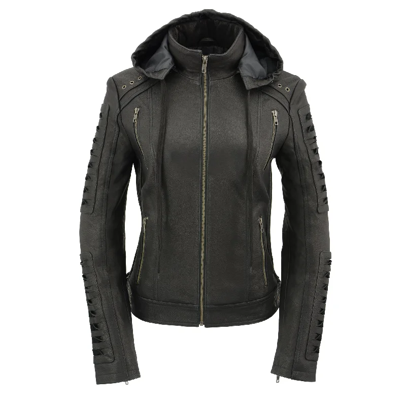 Women Zipper Front Scuba Jacket w/ Detachable Zip Off Hood Knit Jacket Woven Jacket Fleece Jacket