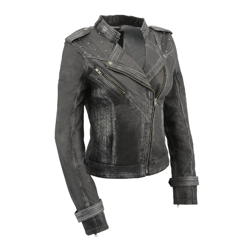 Womens Sheepskin Asymmetrical Moto Jacket w/ Studding Nylon Jacket Polyester Jacket Spandex Jacket