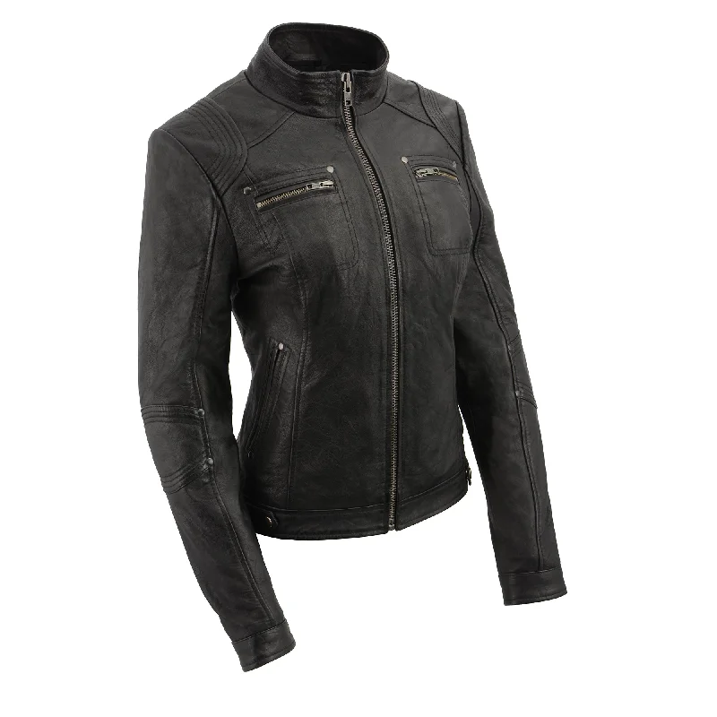 Women's stand up collar racer jacket with rivet details V-Neck Jacket Boat Neck Jacket Square Neck Jacket