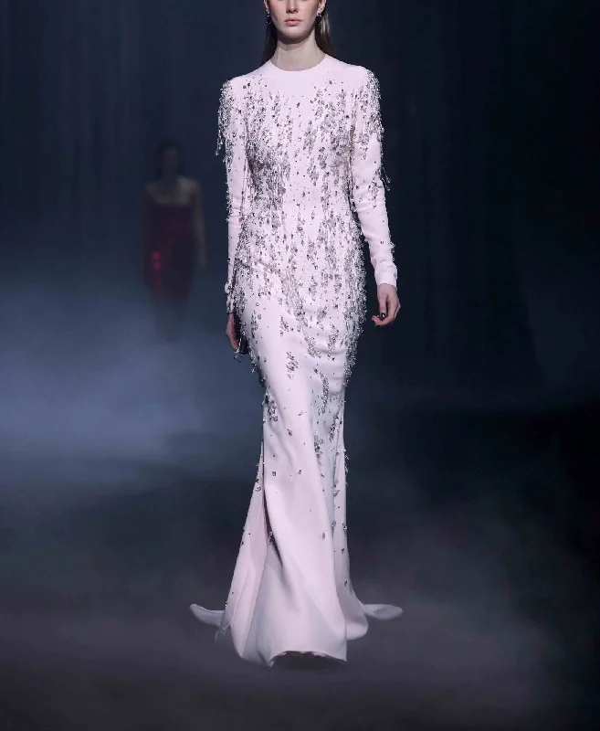 Beaded Crepe Dress With Open Back