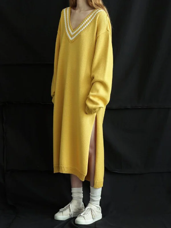 Fashion V-neck Solid Color Casual Split Dress