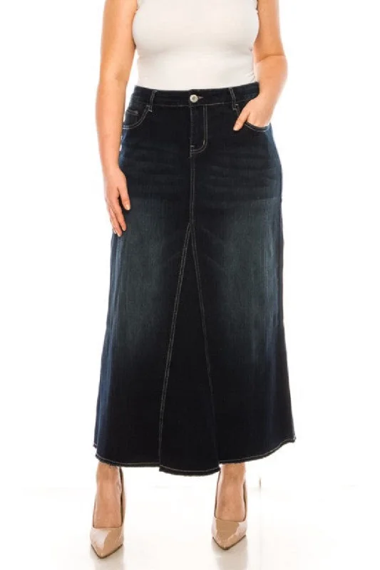 88017X Long Denim Skirt in Dark Indigo Plus ruffled skirt detail