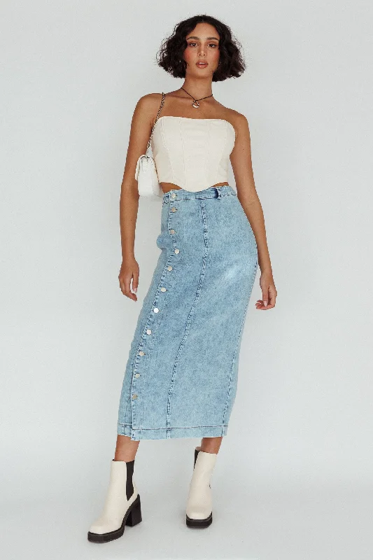 Angelica Side Button-Up Midi Skirt Denim button skirt front