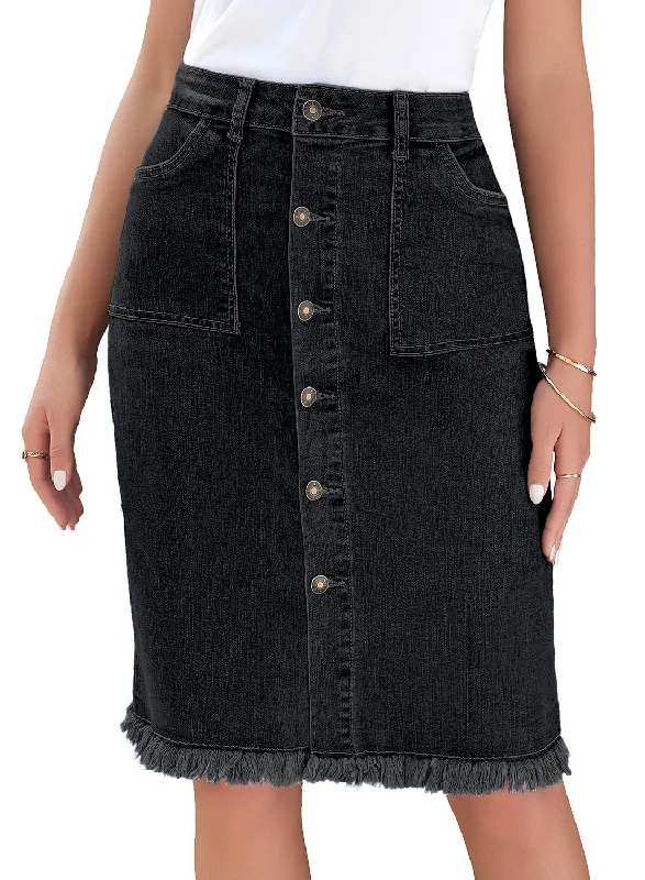 Black Frayed Hem Button-Down Midi Denim Skirt wrap skirt elegant