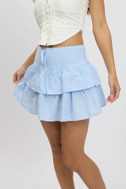 Blue Check Ruffle Mini Skirt High Rise Shirred Back Tiered ribbed skirt waist