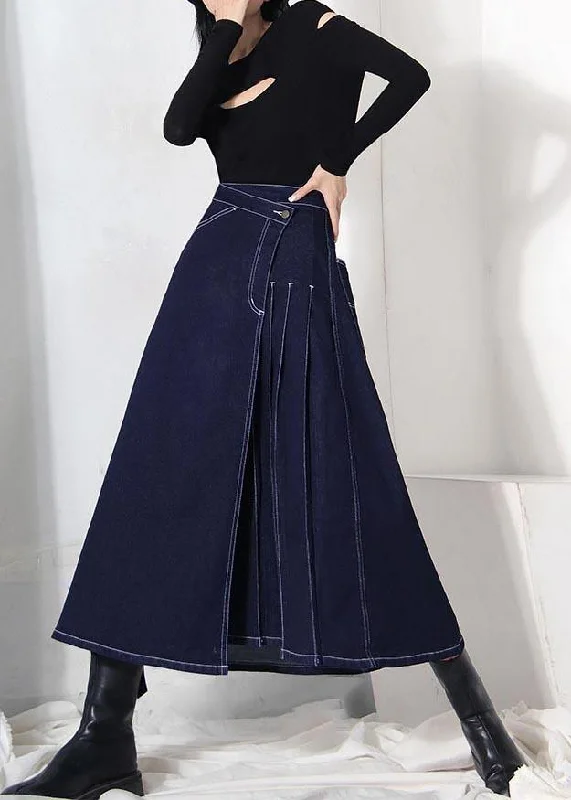 Boho denim blue zippered asymmetrical design Summer Skirt pleated skirt texture