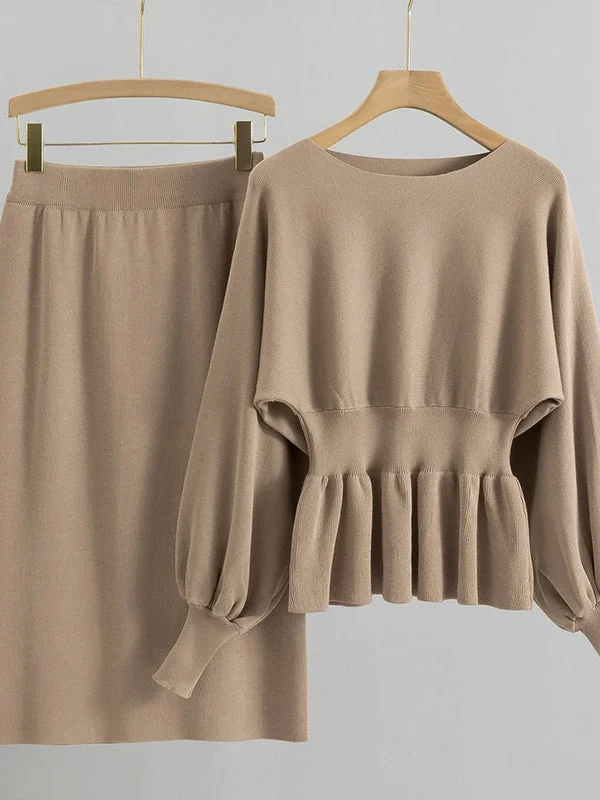 Autumn Elegant Two Piece Set Women Lantern Long Sleeves Crop Tops and Skirts Sets cashmere skirt fine