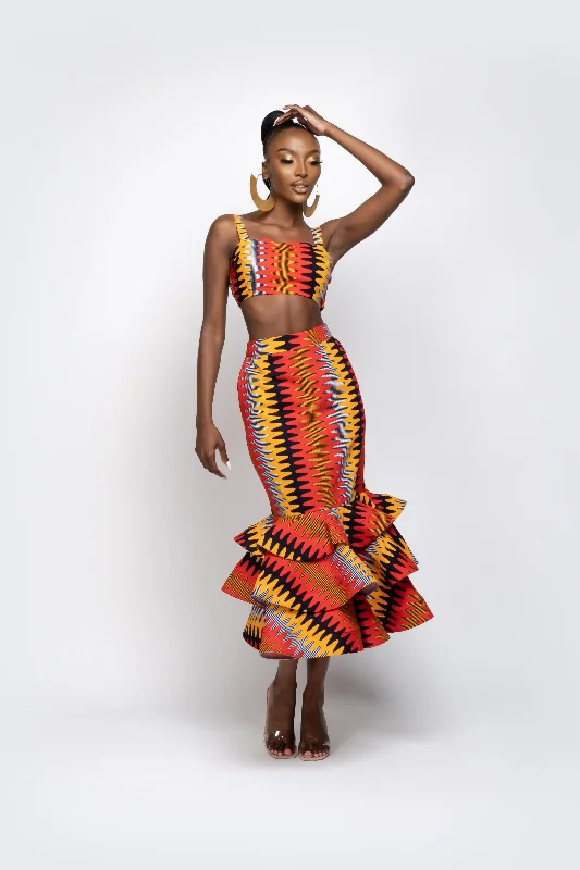 DEMI African Print SET ( Layered Midi Skirt AND Crop Top ) velvet skirt sumptuous