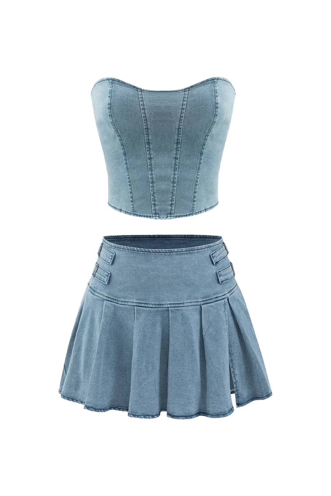 Denim Tube and Pleated Skirt Set denim skirt trendy