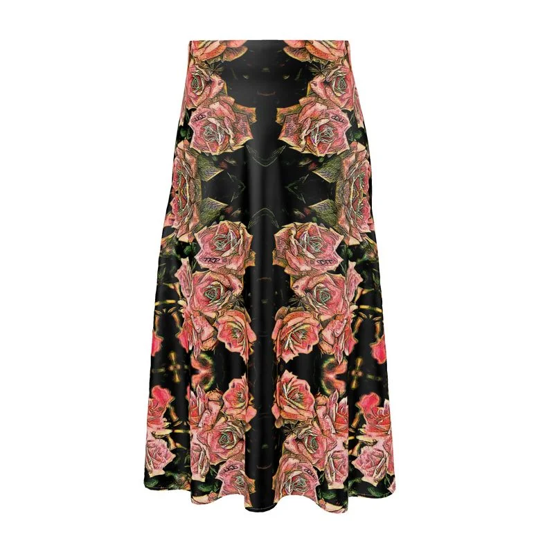 Floral Embosses: Roses 06-01 Designer A-line Pleated Midi Skirt wool skirt warm