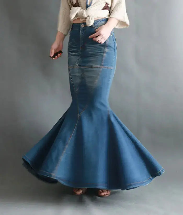 FZ Women's Heavy Industry Curved Stitching Swing Mop Fishtail Denim Skirt lace skirt elegant