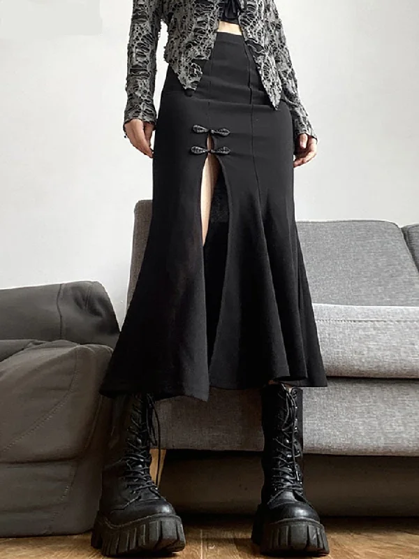 Goth Dark Elegant Mall Gothic Trumpet Women Midi Skirts Grunge High Waist Split Sexy Club Long Skirt Slim Party Streetwear 2023 linen skirt airy