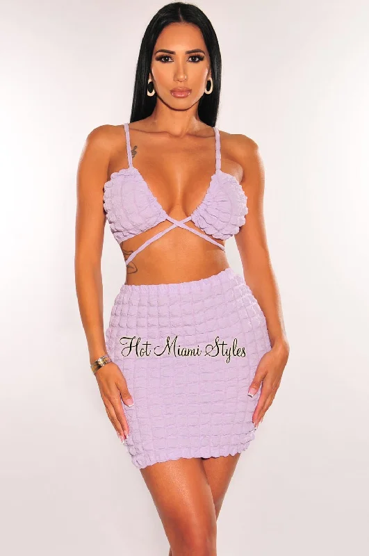 Lilac Bubble Textured Spaghetti Strap Tie Up Skirt Two Piece Set boho skirt vibe