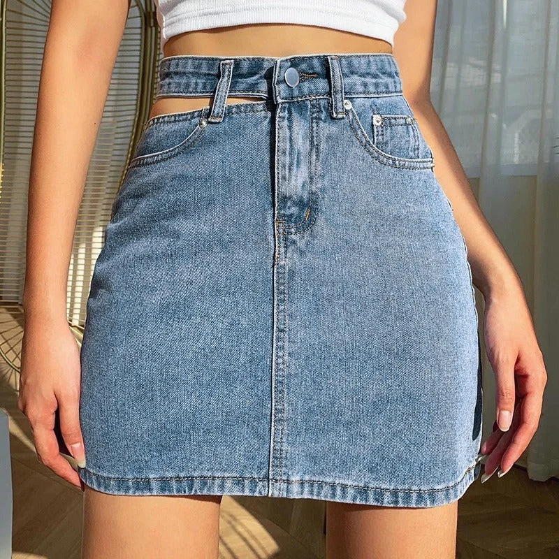 One-side Hollow High Waist Denim Hip Mini Skirt leather skirt modern