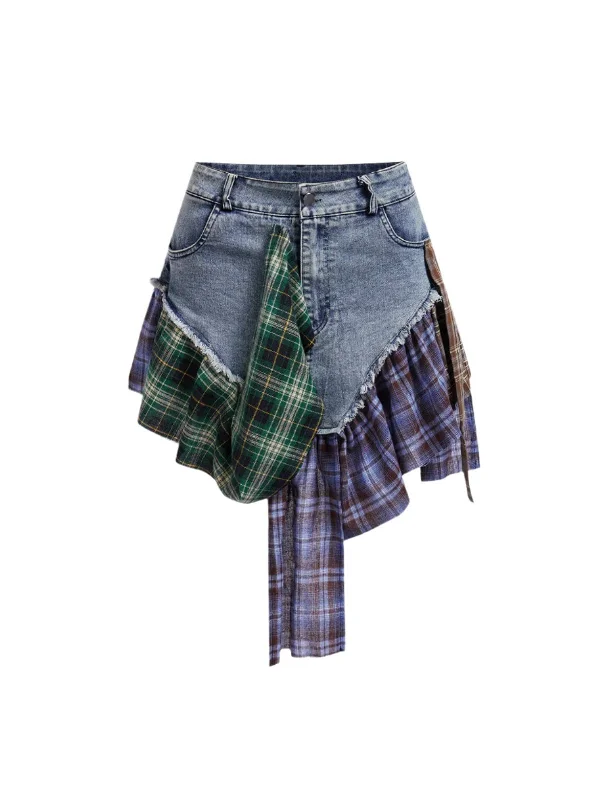 Patchwork Plaid Denim Skirt pencil skirt chic