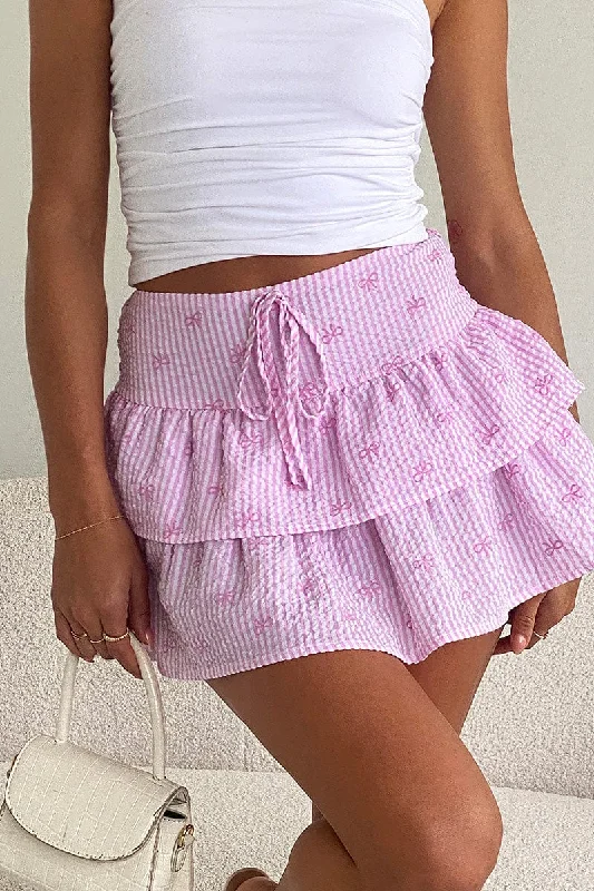 Pink Stripe Ruffle Mini Skirt High Rise Shirred Back Tiered cashmere skirt fine