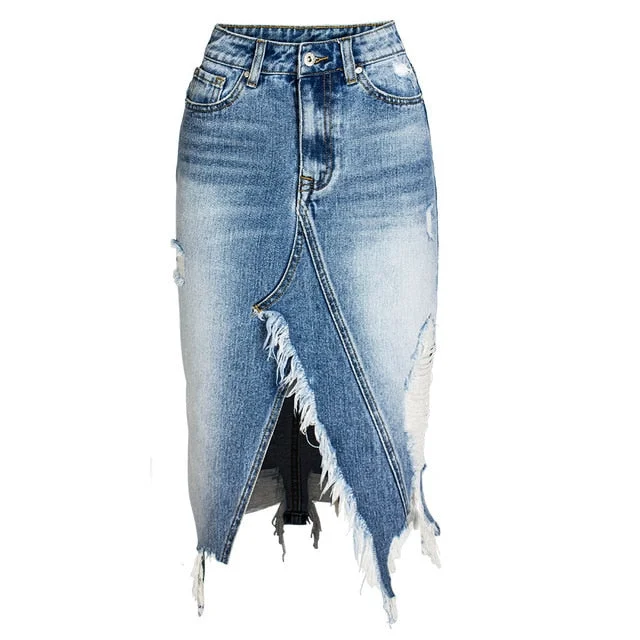 Ripped Denim Women Asymmetrical Pencil Jean Skirt High Split Skirt leather skirt sleek