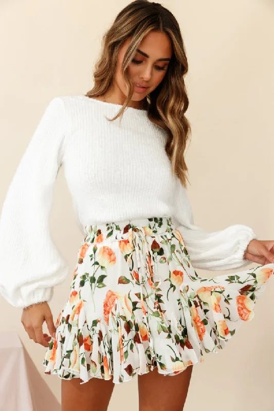 Robyn Flounce Mini Skirt Rose Print White/Orange chiffon skirt floaty