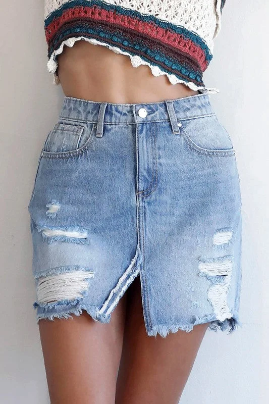 Split Middle Ripped Raw Hem Denim Skirt wrap skirt elegant