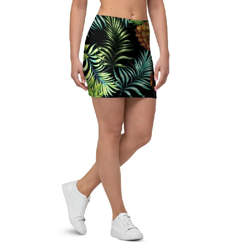 Tropical Palm Leaf Pineapple Print Mini Skirt silk skirt lustrous