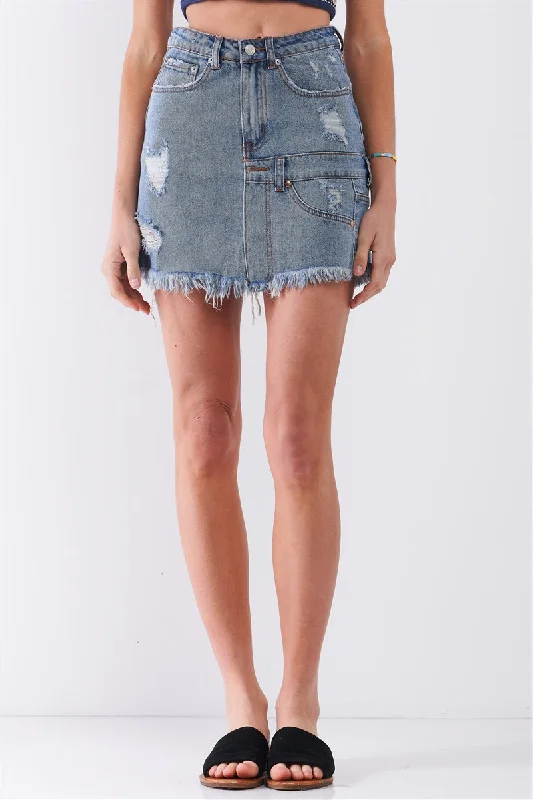 Medium Blue Denim High-waist Distressed Effect Asymmetrical Trim Raw Hem Detail Mini Skirt lace skirt romantic