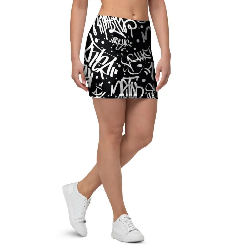 White And Black Graffiti Doodle Text Print Mini Skirt tiered skirt playful