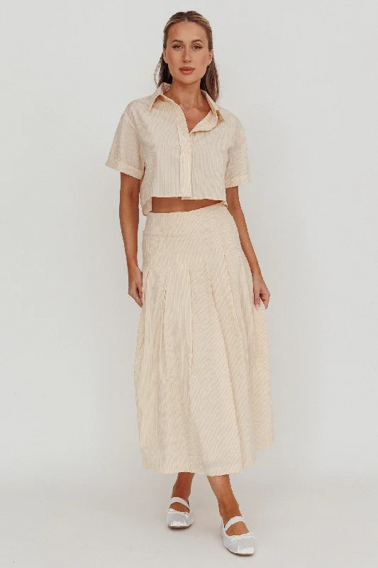 Zealous A-Line Striped Midi Skirt Beige/Off White flowy skirt hem